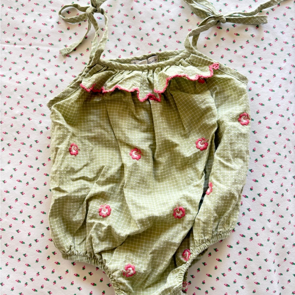Bebe Organic 9 mo Green Baby Romper with Pink Embroidered Floral Accents